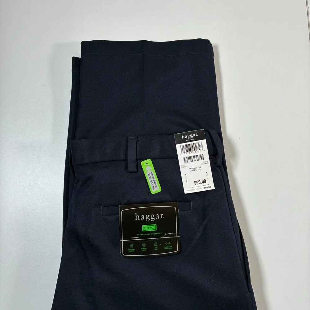 NEW Haggar Dress Pants‎ 34x32 Navy Blue Pleated Performance Comfort
